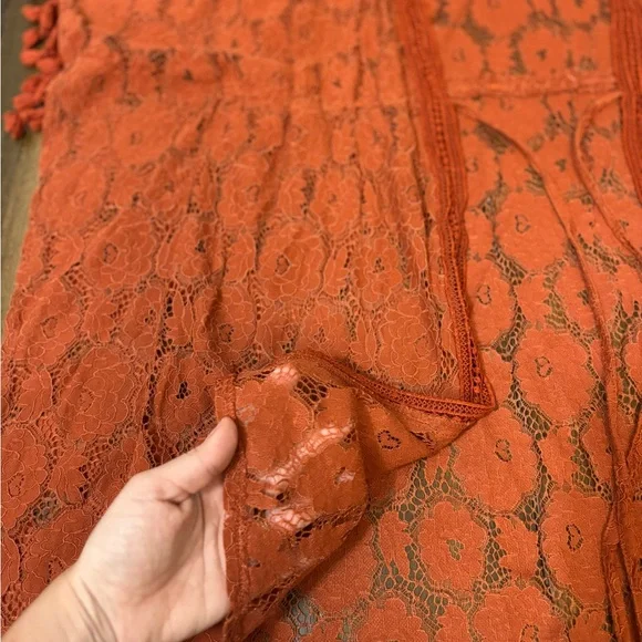 Sz M Rust Orange Lace Kimono Shawl Cardigan Poncho Tassels Poms Front Tie - Picture 4 of 9